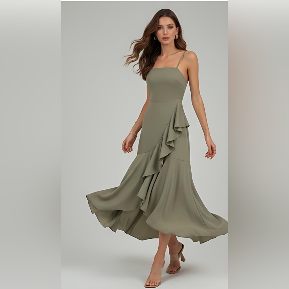 Asymmetrical Hem Ruffle Trim Spaghetti Strap Dress Green - Picture 7 of 14